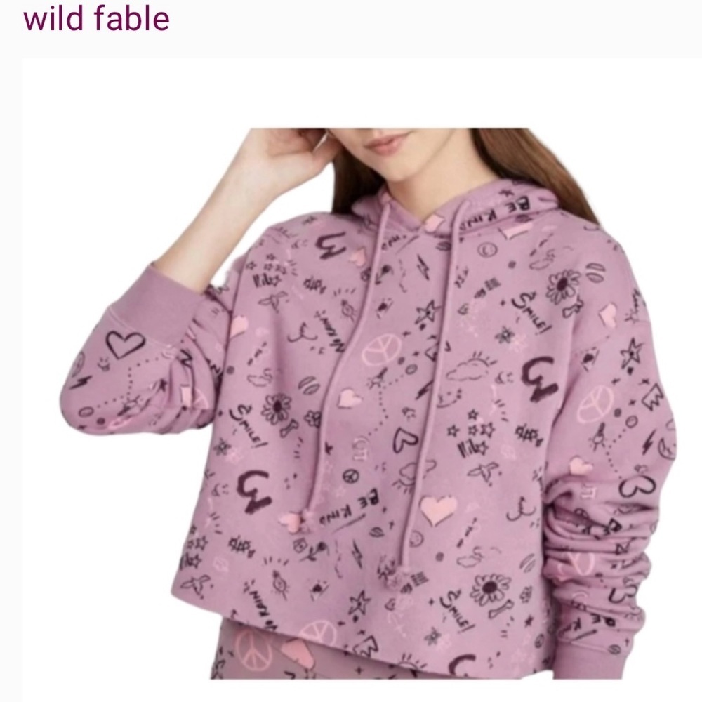 🛍️Wild Fable Women Lavender/Pink Graphic Hoody Fleece Cropped Casual Boxy Small - Picture 1 of 8